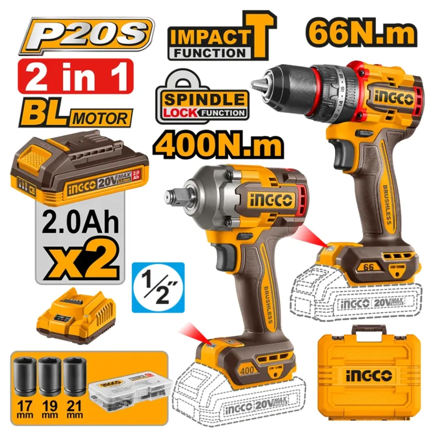 Kit 2 en 1 Ingco - Taladro 66 nm + Llave de impacto 400 nm