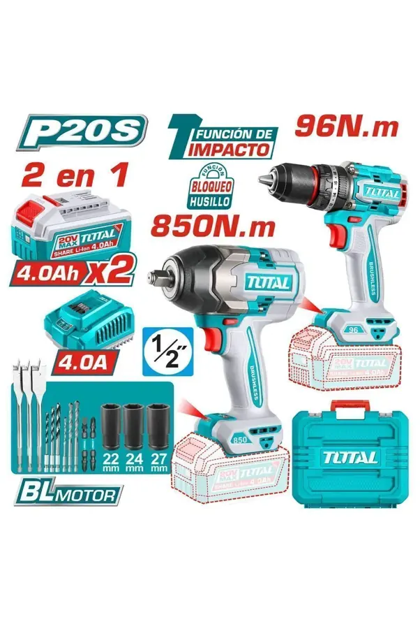 Kit 2 en 1 Total - Taladro 96 nm y Llave de impacto de 850 nm