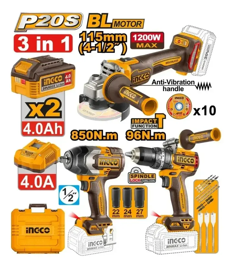 Kit 3 en 1 Ingco Industrial - Taladro 96nm - Amoladora 1200w - LLave de impacto 850nm