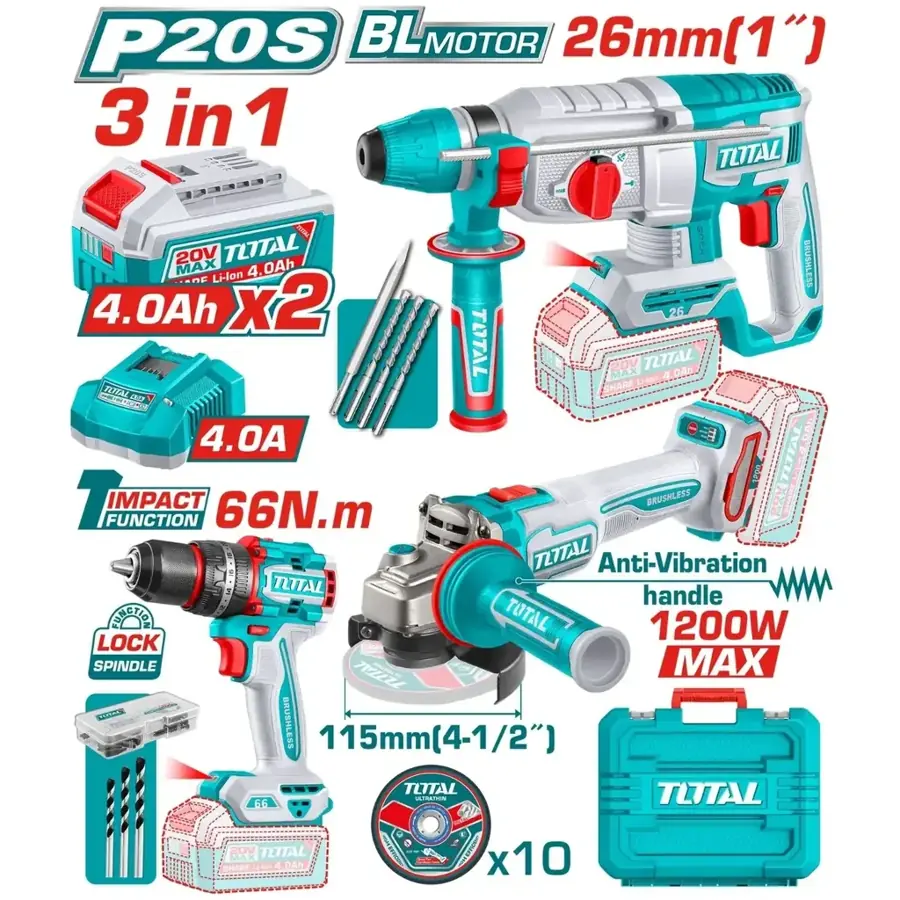 Kit 3 en 1 Total - Rotomartillo, taladro, amoladora