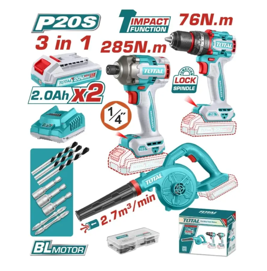 Kit 3 en 1 Total - Taladro + llave de impacto + sopladora