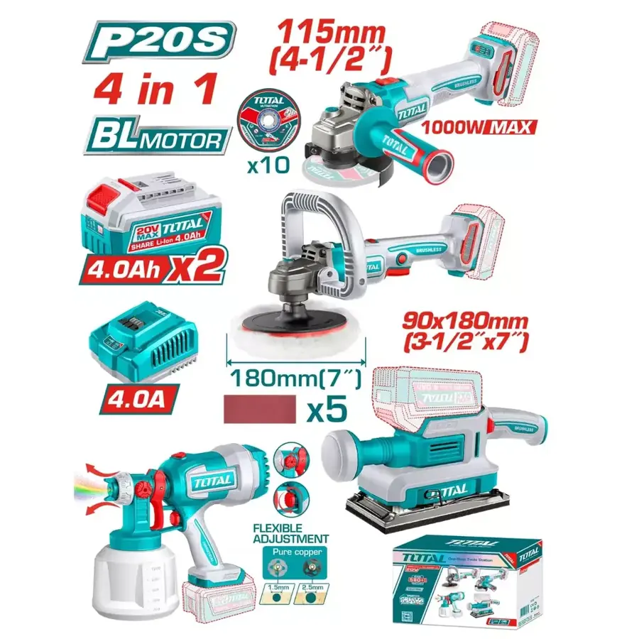 Kit 4 en 1 Total - Amoladora + Pulidora 180 mm + Pistola de pintura + Lijadora