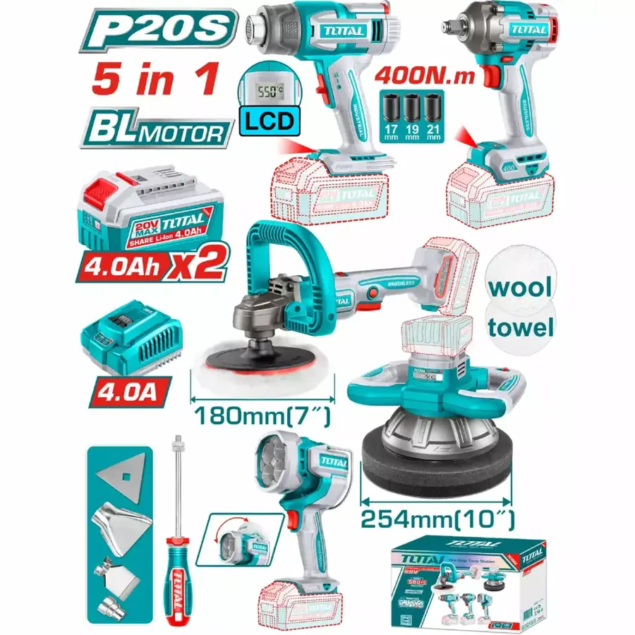 Kit 5 en 1 Total - Pulidora 254 mm + Llave de impacto + Linterna + Pistola de calor + Pulidora 180 mm