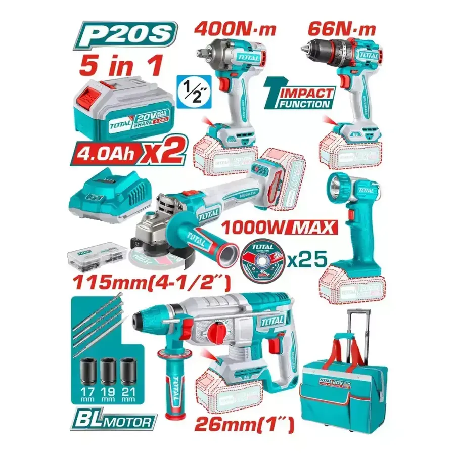 Kit 5 en 1 Total - Taladro + llave de impacto + Rotomartillo + amoladora + lampara