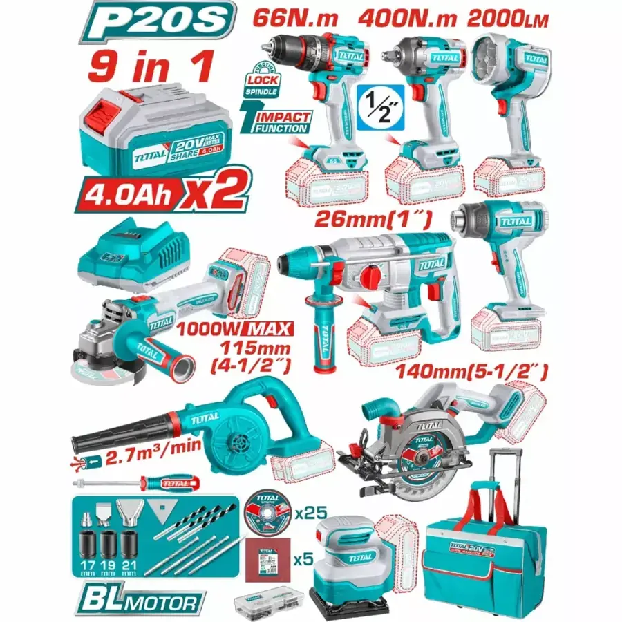 Kit 9 en 1 Total - Herramientas a bateria Total