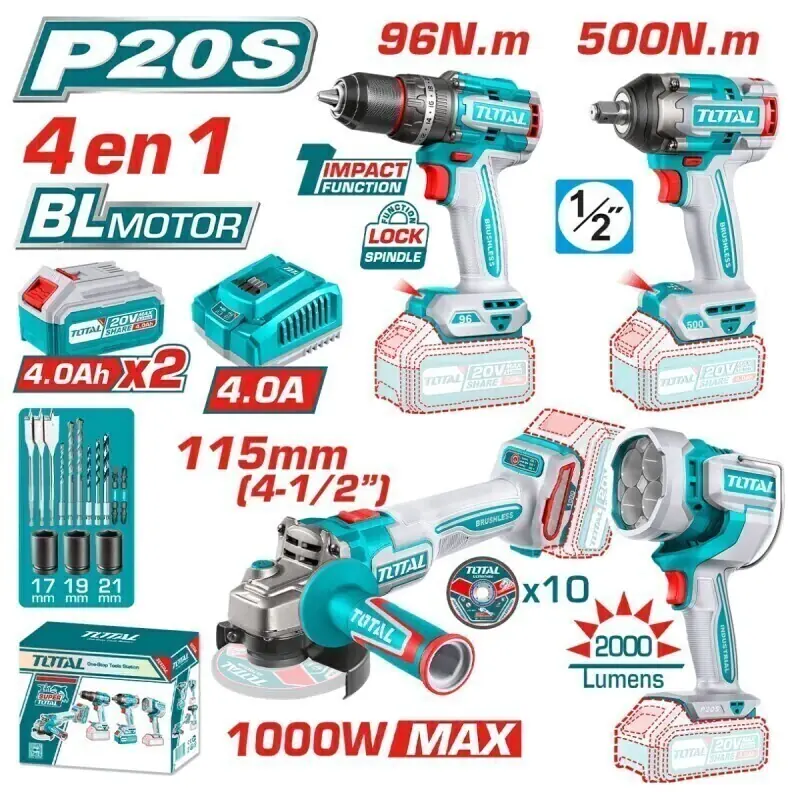 Kit Total 4 en 1 - Taladro + Amoladora + Llave de impacto + Linterna