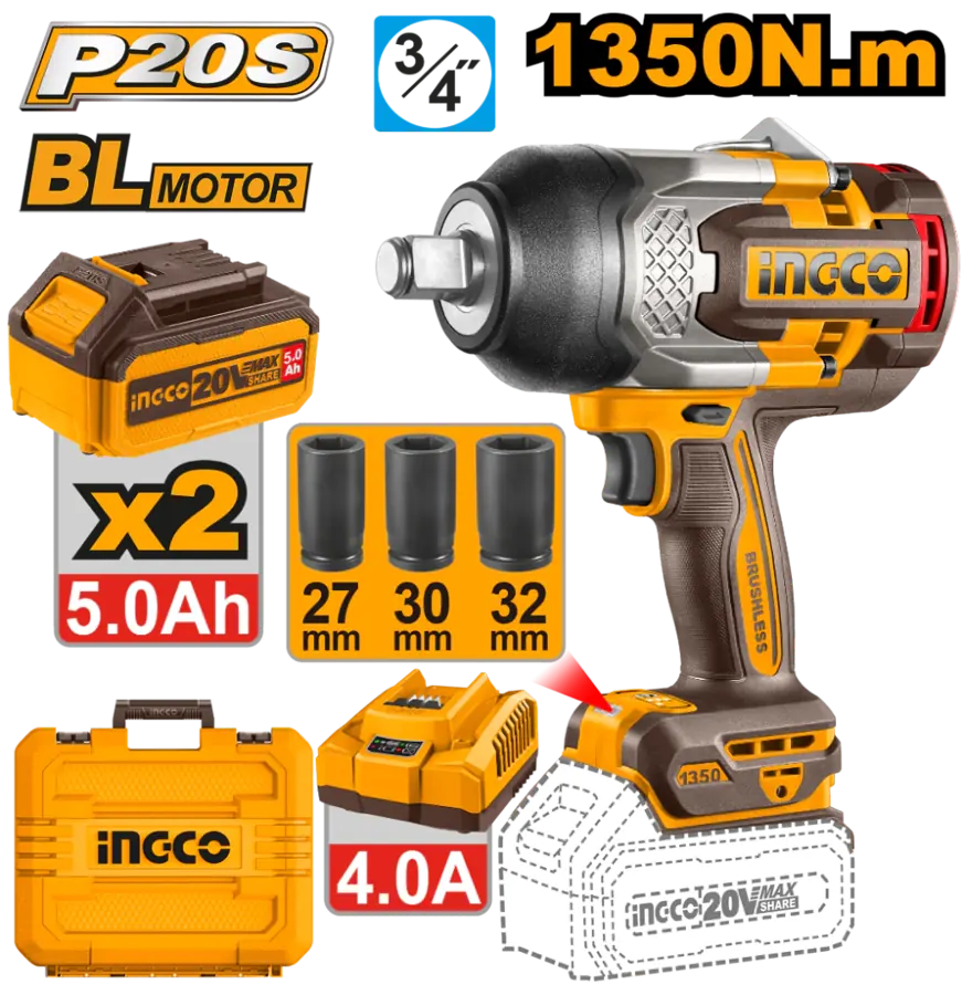 Llave de impacto de 1350 nm con 2 baterias