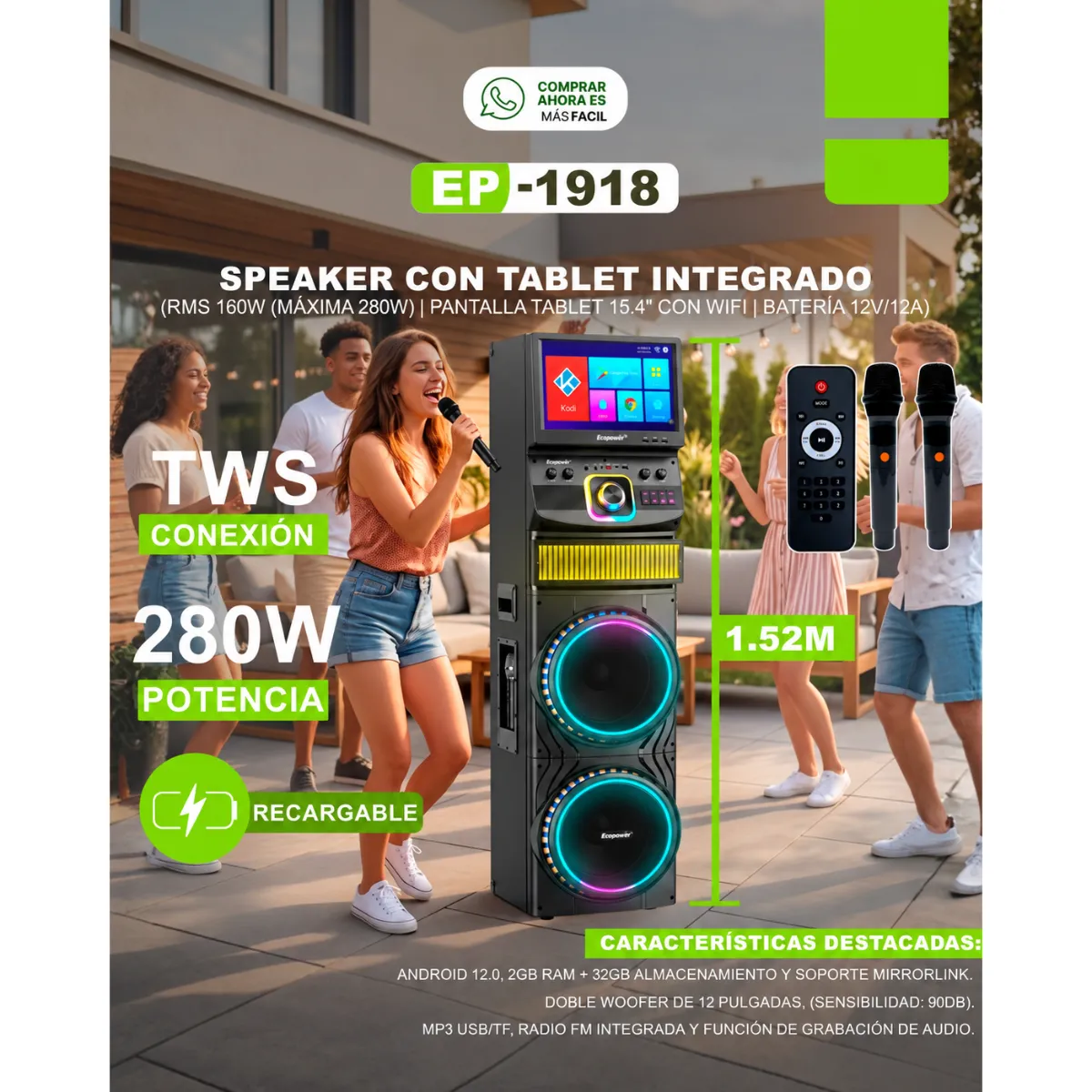 Parlante Altavoz de alta potencia con Pantalla Android integrada